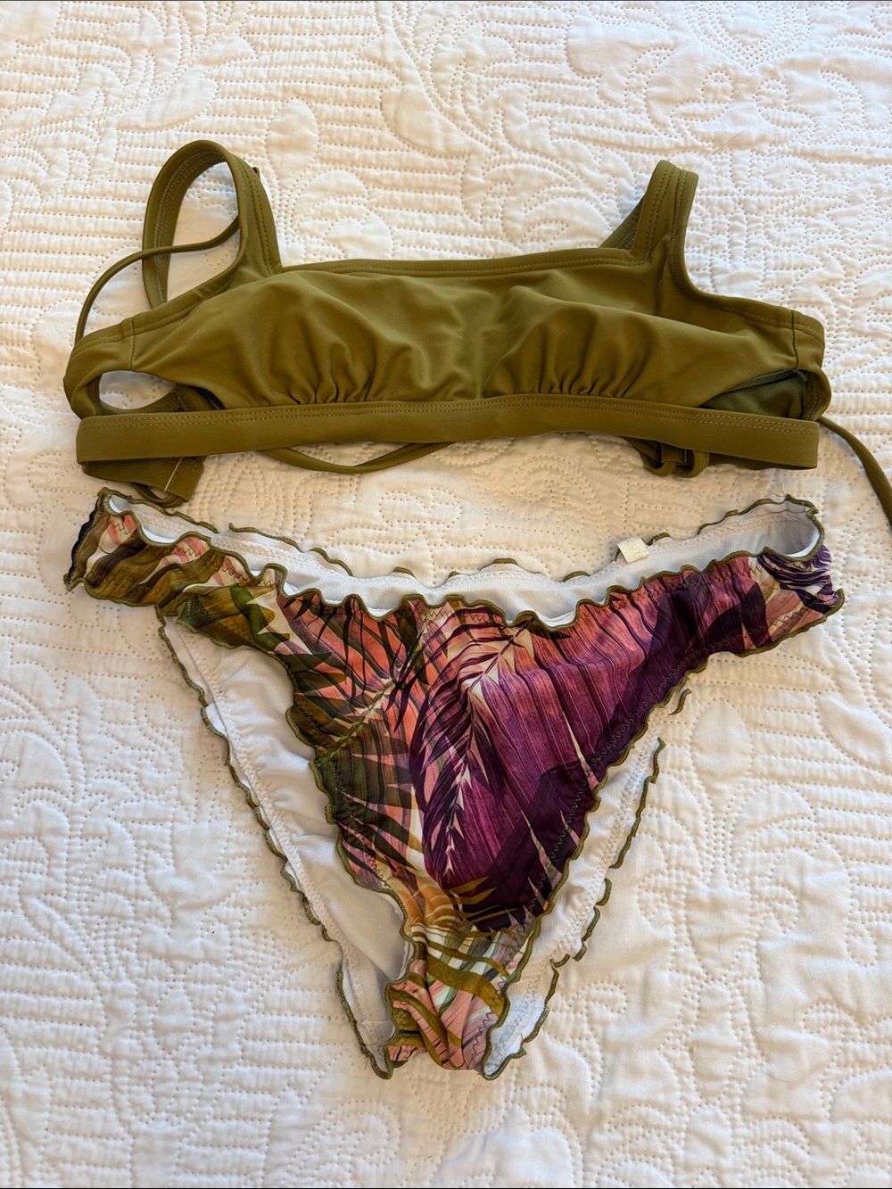 Shade & Shore Olive Green Bikini Top with Purple Tropical Print Bottom